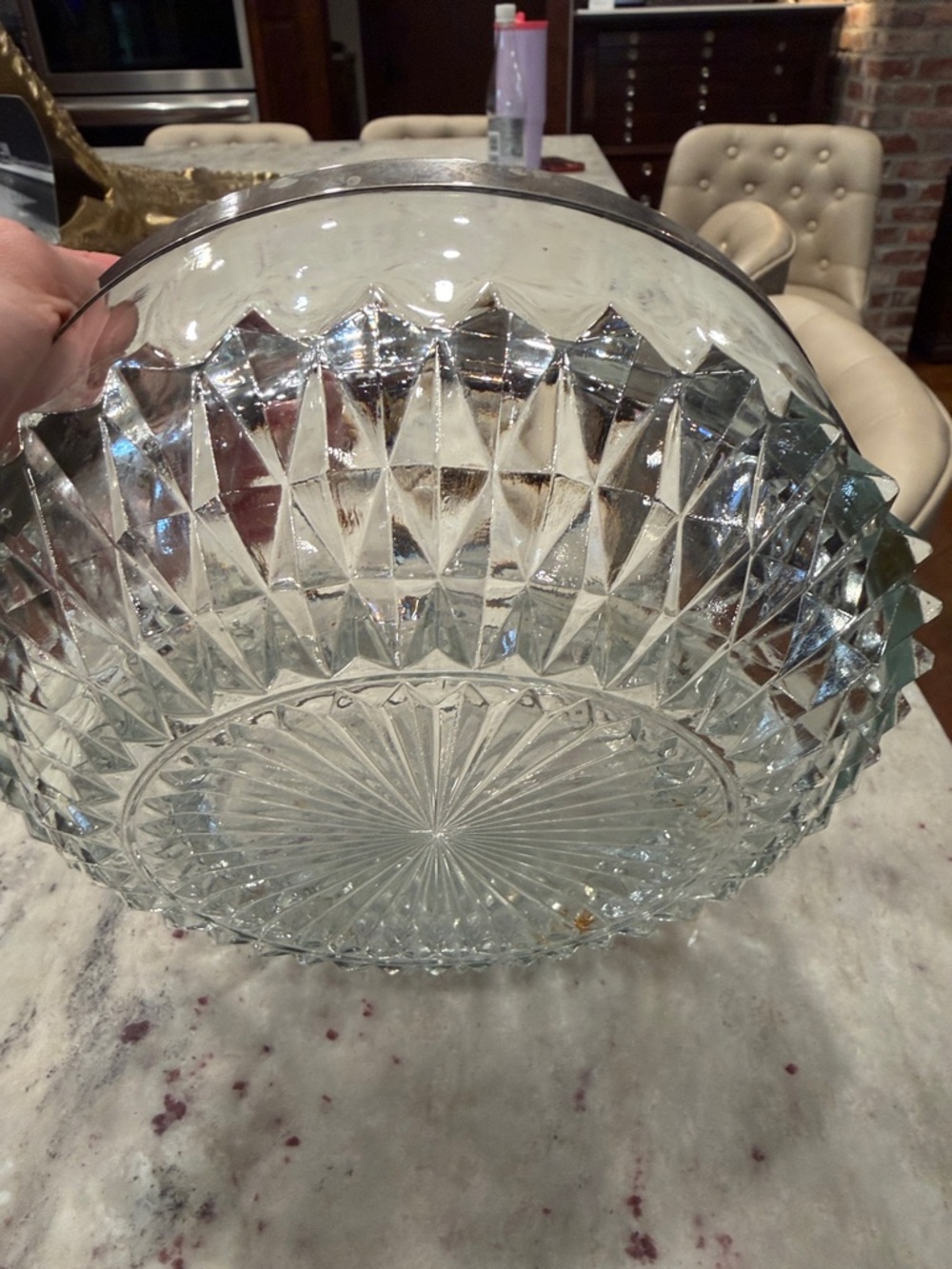 Cut Glass Starburst Serving Bowl - Clear Glass with silver edging